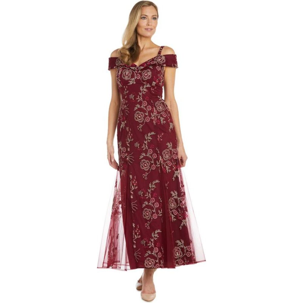 R & M Richards Womens Embroidered Off-Shoulder Dress, NWT